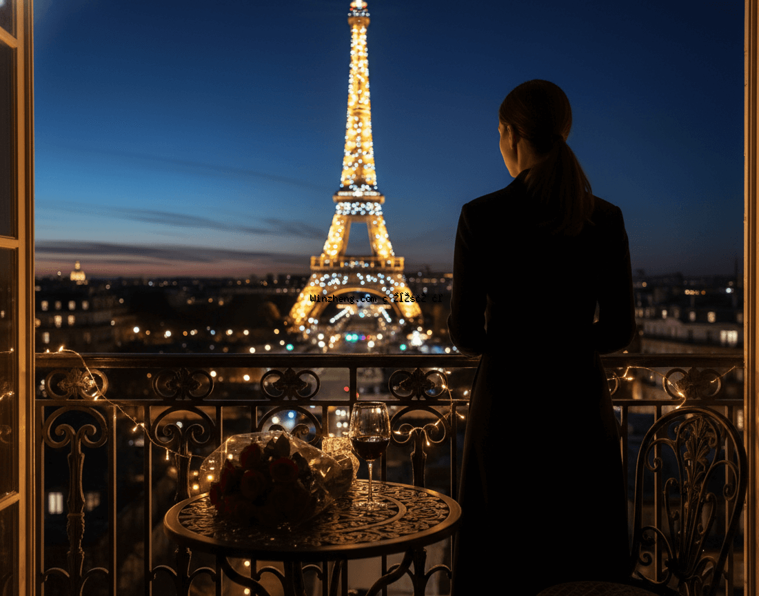 将拍摄对象置于阳台上，以埃菲尔铁塔为背景，夜幕降临，灯光闪烁，旁边放着一杯红酒。